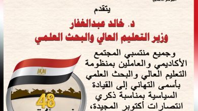 صورة وزير التعليم العالى يهنئ الرئيس السيسى والشعب المصرى بانتصارات أكتوبر