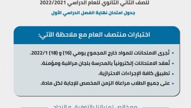 صورة جدول امتحانات نصف العام لطلاب الصف الثانى الثانوى