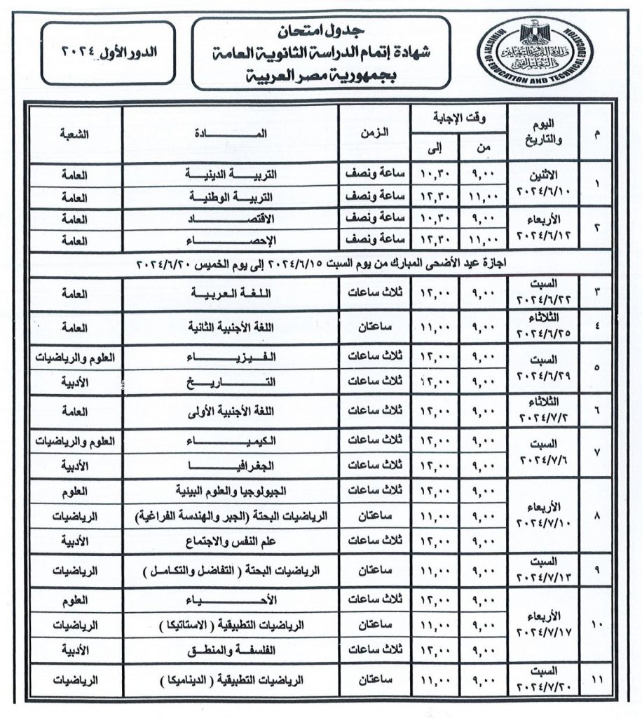 جدول امتحانات الثانوية العامة 