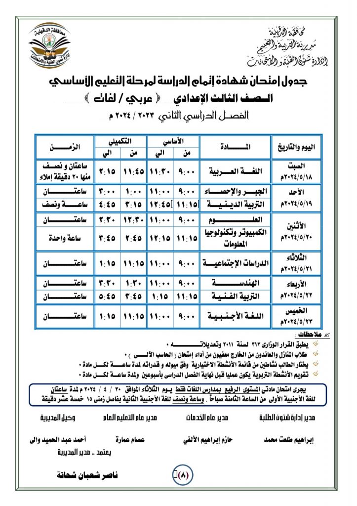 جدول امتحانات الشهادة الإعدادية 