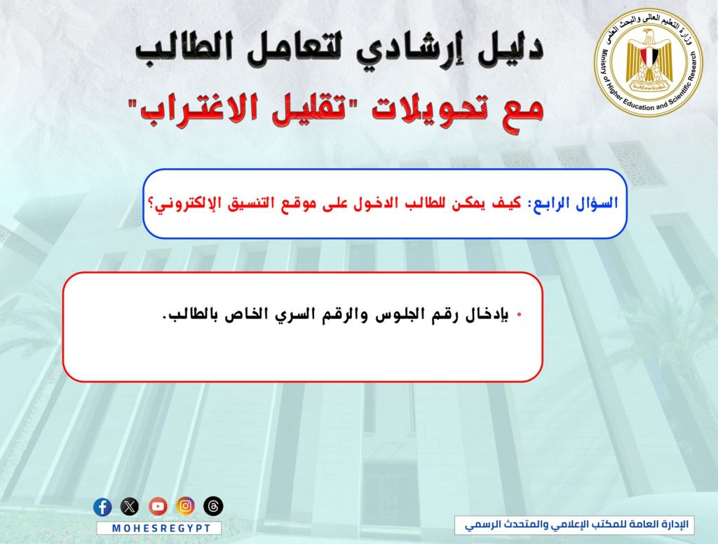 "التعليم العالي" تطلق إنفوجراف تفاعلي لشرح خطوات "تقليل الاغتراب" لطلاب الثانوية العامة