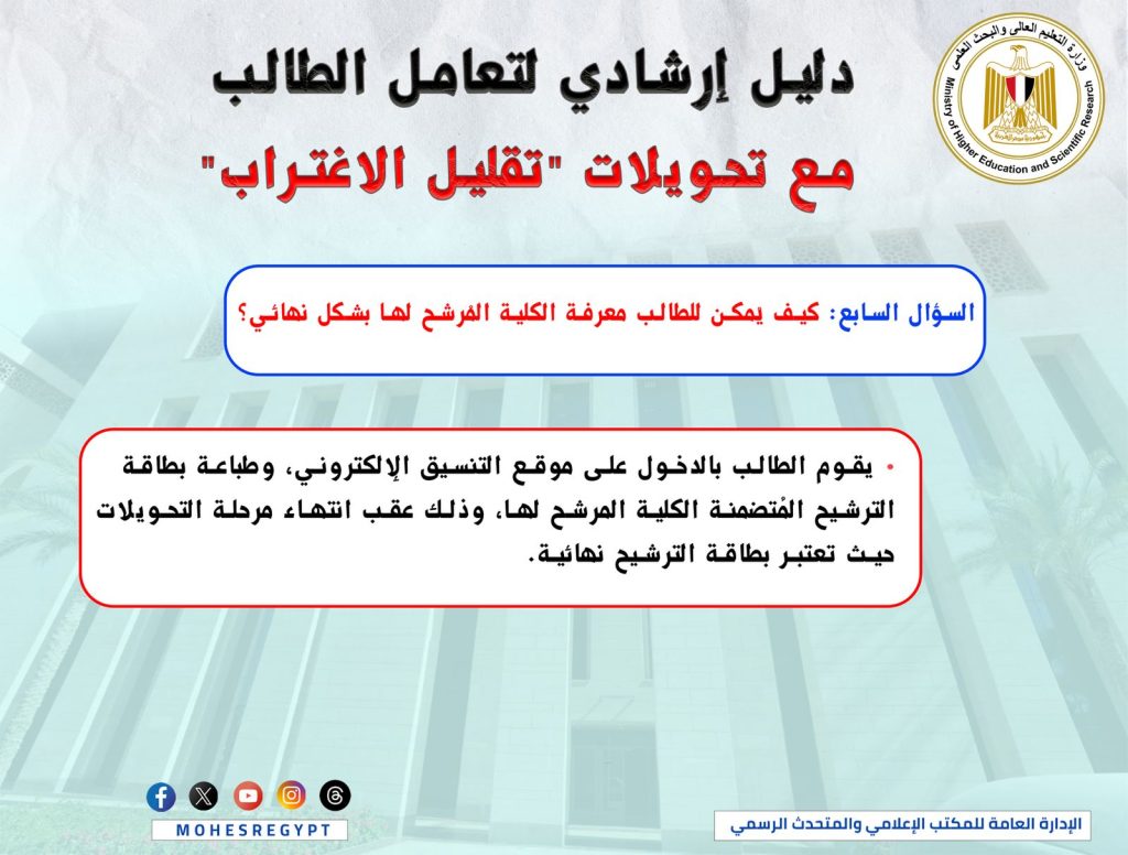 "التعليم العالي" تطلق إنفوجراف تفاعلي لشرح خطوات "تقليل الاغتراب" لطلاب الثانوية العامة