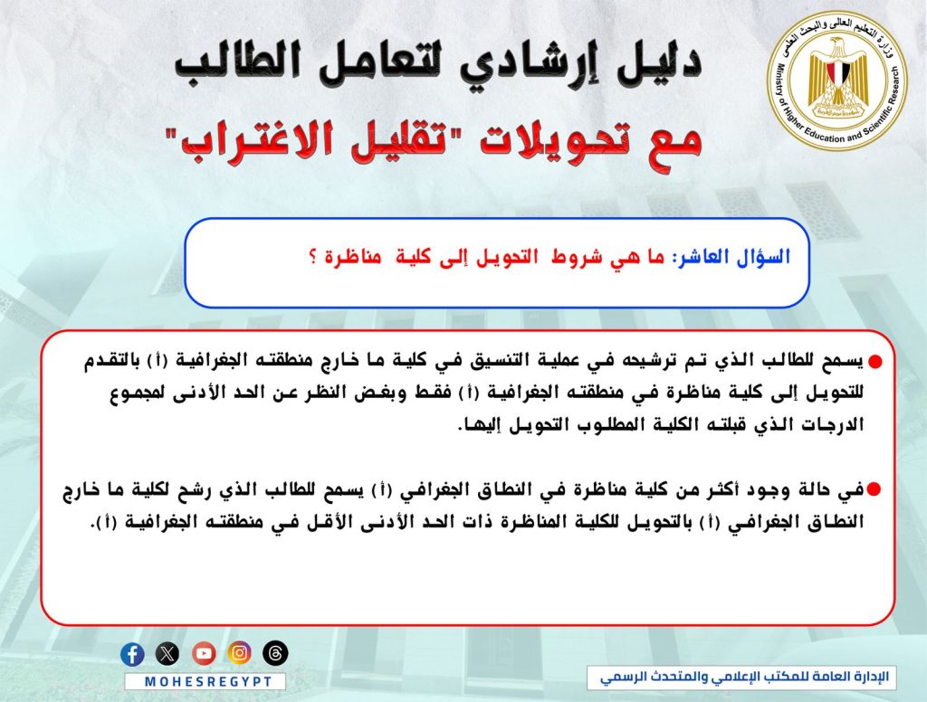 "التعليم العالي" تطلق إنفوجراف تفاعلي لشرح خطوات "تقليل الاغتراب" لطلاب الثانوية العامة