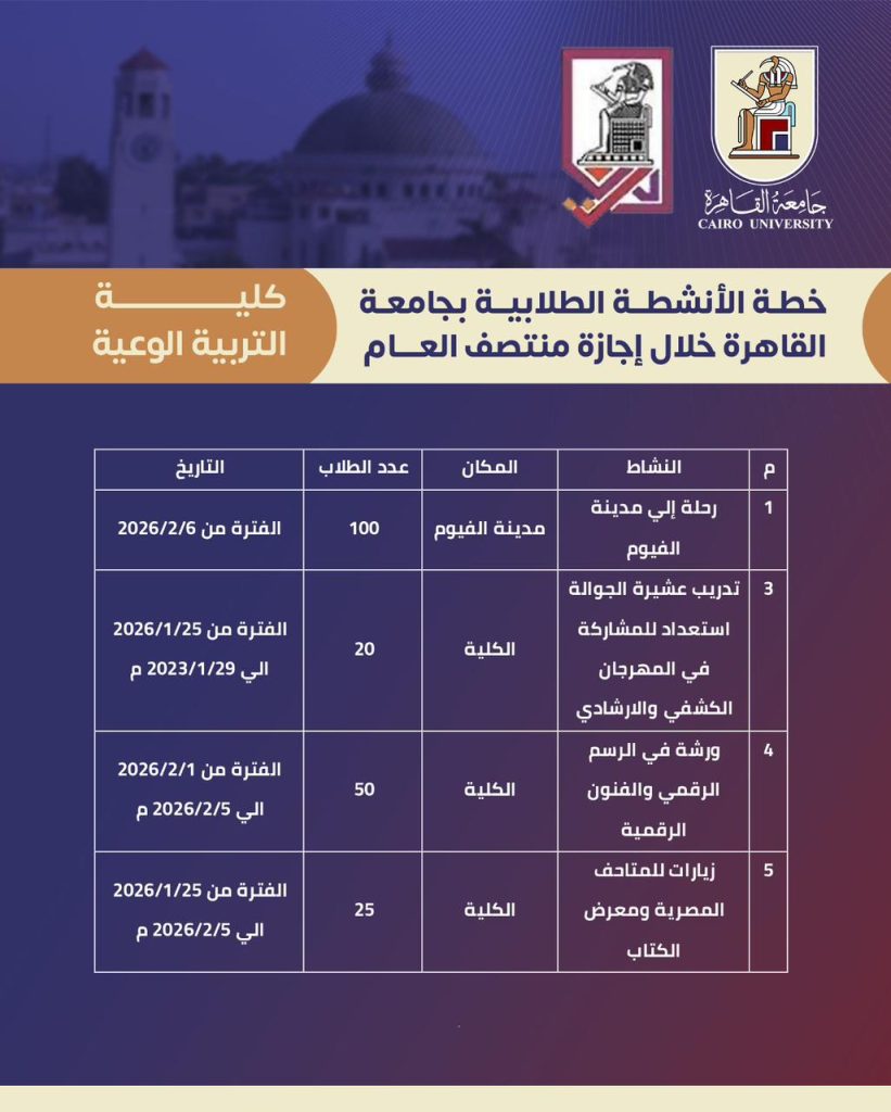 جداول الأنشطة الطلابية بجامعة القاهرة خلال إجازة منتصف العام