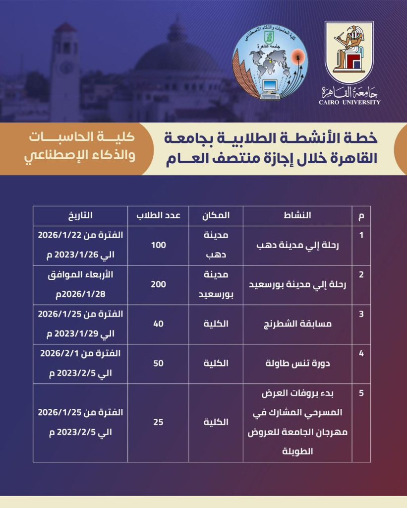 جداول الأنشطة الطلابية بجامعة القاهرة خلال إجازة منتصف العام