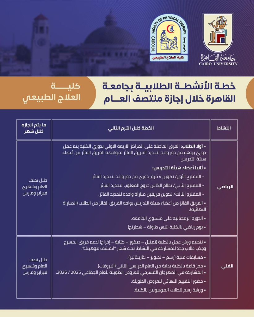 جداول الأنشطة الطلابية بجامعة القاهرة خلال إجازة منتصف العام