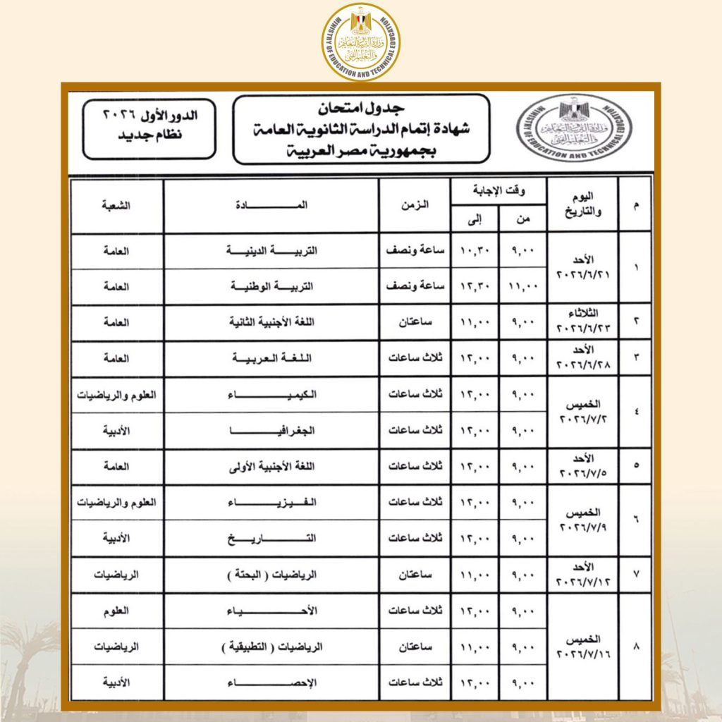 جداول امتحانات الدور الأول لشهادة إتمام الدراسة الثانوية العامة للنظامين (الجديد - القديم)،للعام الدراسي 2025 / 2026 