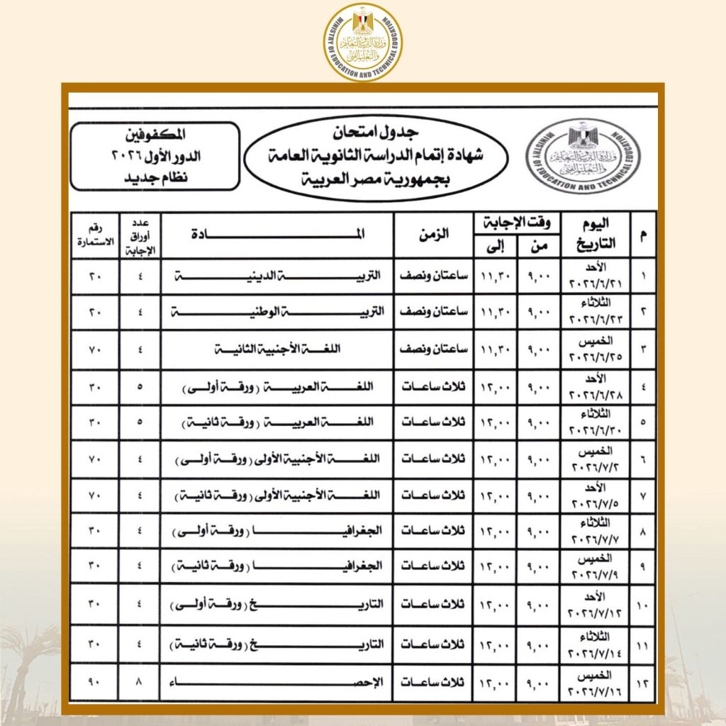 جداول امتحانات الدور الأول لشهادة إتمام الدراسة الثانوية العامة للنظامين (الجديد - القديم)،للعام الدراسي 2025 / 2026 